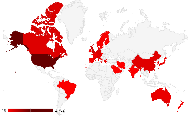 Γεωγραφική κατανομή των 33 χωρών με τουλάχιστον 10 κορυφαίους επιστήμονες πληροφορικής