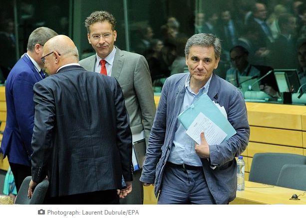 Eurogroup Finance Ministers Meeting<br>epa04835075 President of Eurogroup Jeroen Dijsselbloem (L) looks on New Greek Finance minister Euclid Tsakalotos (R) at the start of a special Eurogroup Finance ministers meeting on Greek crisis at EU council headquarters in Brussels, Belgium, 07 July 2015. Eurozone member states are waiting for Greek proposals in order to discuss a new aid programme for Greece. Prime Minister Alexis Tsipras is heading to Brussels to participate in the summit. EPA/LAURENT DUBRULE
