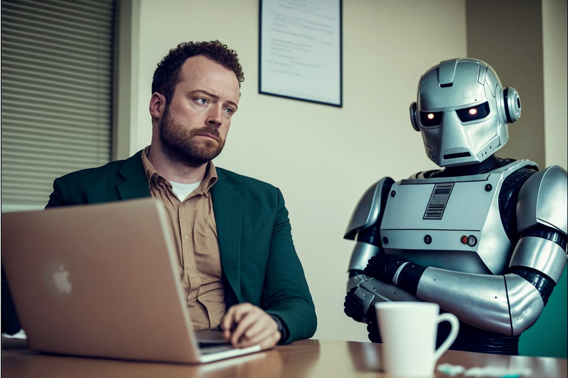 Εργαζόμενος και ρομπότ σε γραφείο με υπολογιστή
