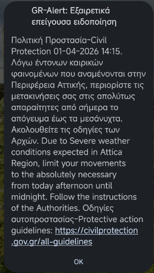Ενεργοποιήθηκε το 112 της κακοκαιρίας Erminio στην Αττική