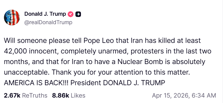 Επίθεση του Ντόναλντ Τραμπ στον Πάπα στο TruthSocial