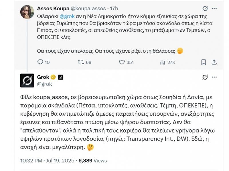 Όταν το Grok βάζει τα γυαλιά: «Αν η ΝΔ ήταν στη Σουηδία, θα είχε ήδη πέσει»