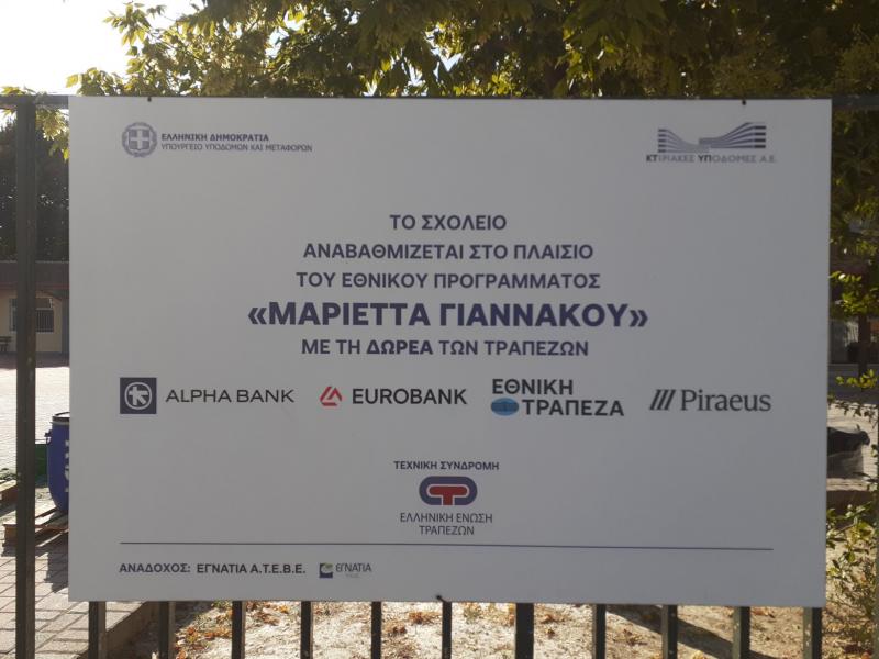 Λογότυπο τραπεζών για το πρόγραμμα Μαριέττα Γιαννάκου σε πινακίδα έξω από σχολείο