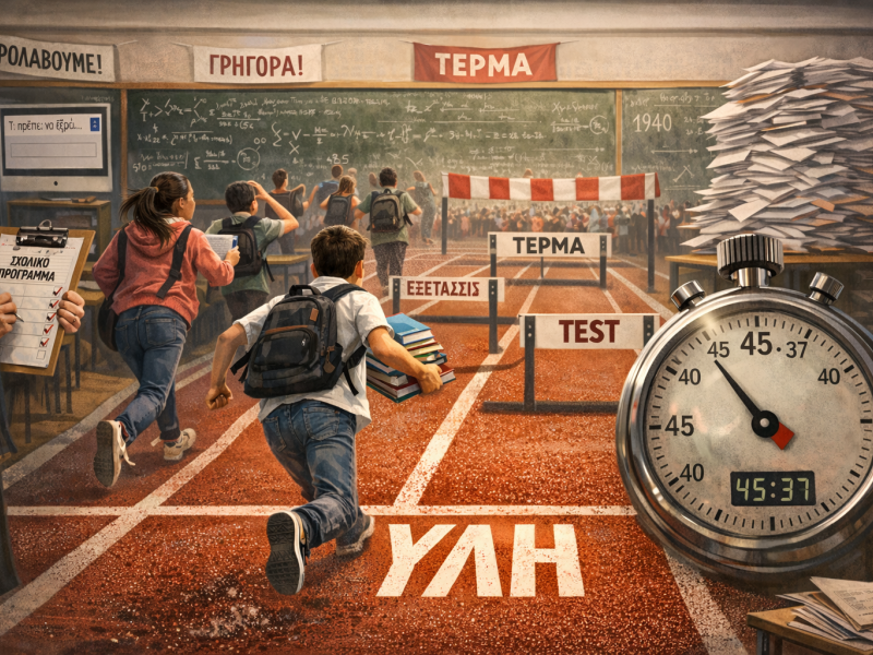 Όχι «τι έμαθαν τα παιδιά», όχι «τι τους άγγιξε», αλλά «αν βγήκε η ύλη»