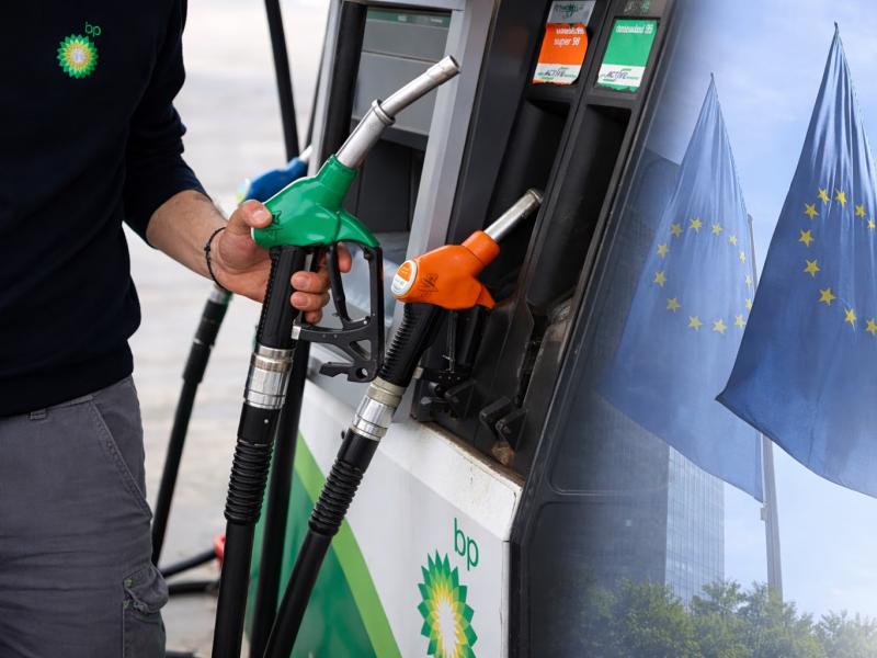 Πρατήριο καυσίμων μαζί με σημαία της Ευρωπαϊκής Ένωσης 