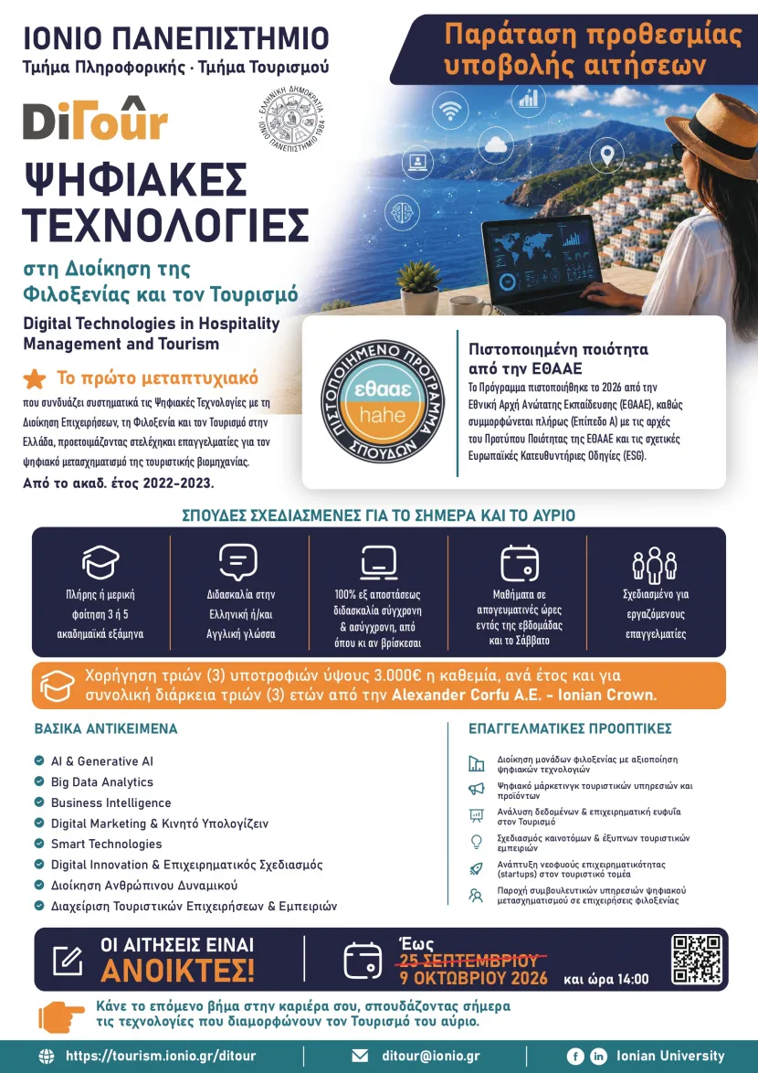 ΔΠΜΣ «Ψηφιακές Τεχνολογίες στη Διοίκηση της Φιλοξενίας και τον Τουρισμό» του Ιονίου Πανεπιστημίου