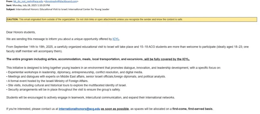 Mail του Deeree στους φοιτητές για το Ισραήλ