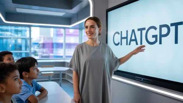 καθηγητρια σε τάξη που δείχνει το chatgpt