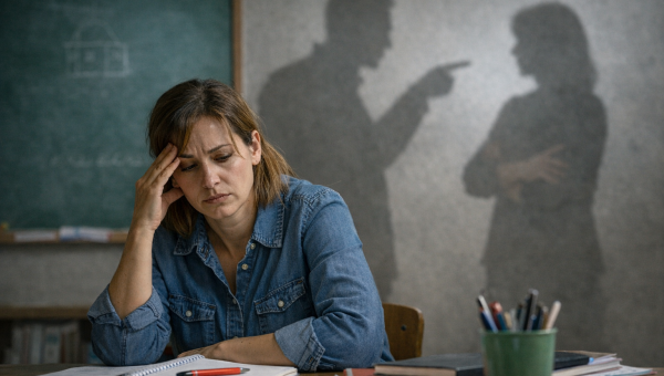 Θλιμμένη δασκάλα σε τάξη και πίσω σκιές ανθρώπων