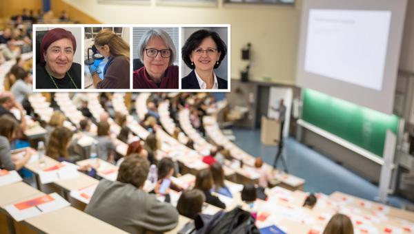 Κολάζ με φωτογραφίες φοιτητών και στο βάθος αμφιθέατρο πανεπιστημίου