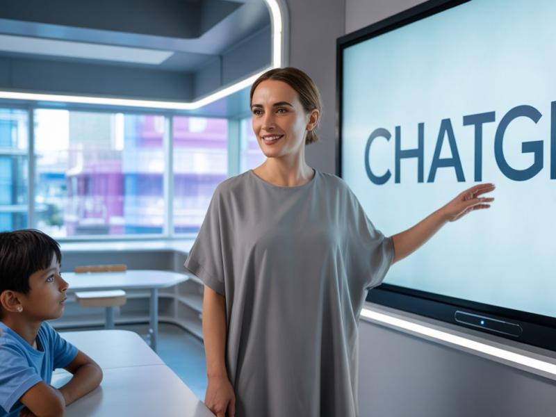 καθηγητρια σε τάξη που δείχνει το chatgpt