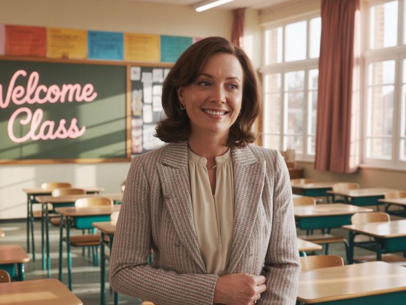 καθηγήτρια αγγλικών σε τάξη χαμογελάει