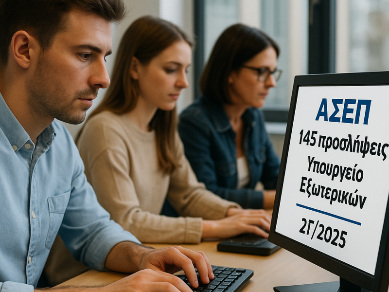 Γραπτός Διαγωνισμός του ΑΣΕΠ. Υποψήφιοι γράφουν σε υπολογιστή που δείχνει το ΑΣΕΠ και γράφει 145 προσλήψεις Υπουργείο Εξωτερικών 2Γ/2025
