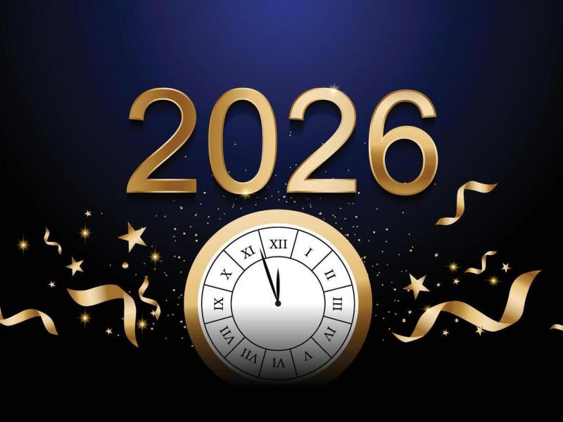 Εικόνα με το 2026 σε χρυσά γράμματα και από κάτω ρολόι με δείκτες