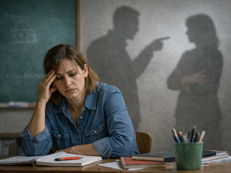 Θλιμμένη δασκάλα σε τάξη και πίσω σκιές ανθρώπων