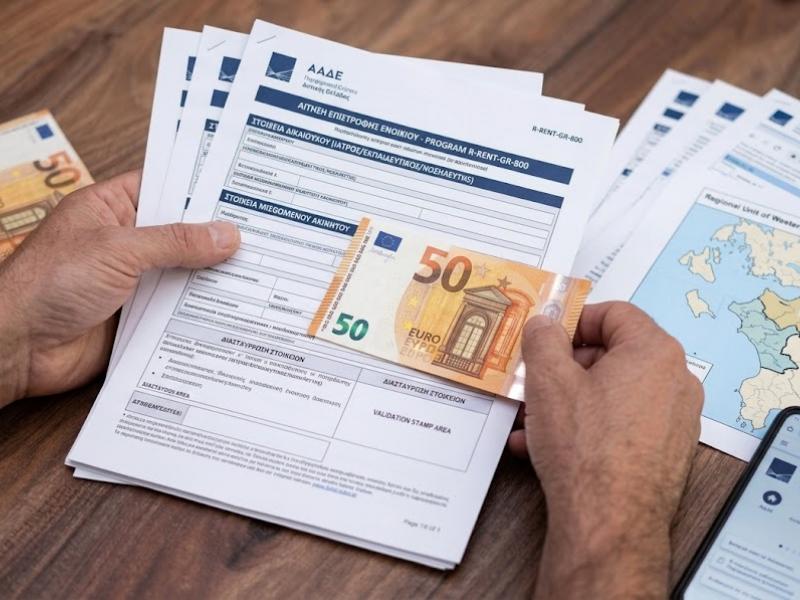 Μια κοντινή φωτογραφία, τραβηγμένη από ψηλά, που δείχνει ένα ζευγάρι τριχωτά ανδρικά χέρια να κρατούν και να χειρίζονται επίσημα έγγραφα πάνω σε ένα ξύλινο γραφείο. Το αριστερό χέρι κρατά μια στοίβα εγγράφων, με την κορυφαία σελίδα να φέρει τον τίτλο «AITHΣH ΕΠΙΣΤΡΟΦΗΣ ΕΝΟΙΚΙΟΥ»