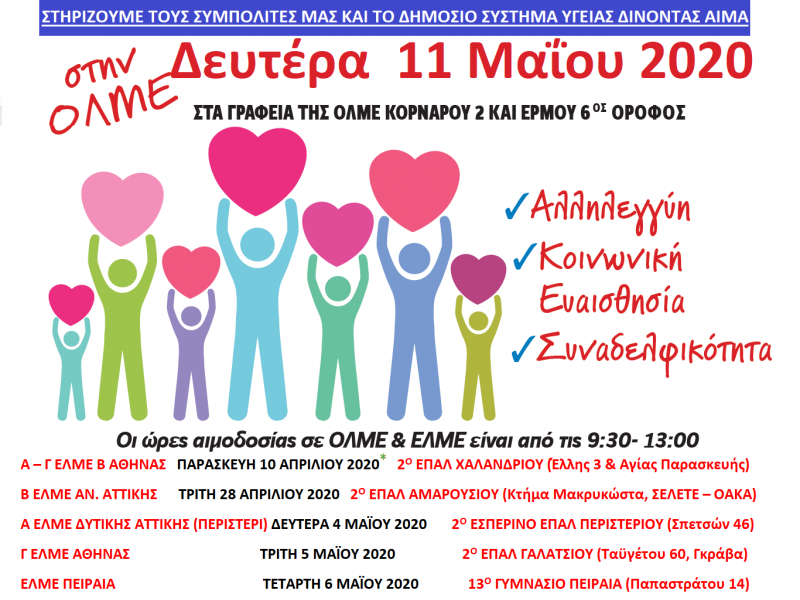 Εθελοντική αιμοδοσία ΟΛΜΕ-ΕΛΜΕ-ΚΕΜΕΤΕ για το μήνα Απρίλη και Μάη