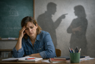 Θλιμμένη δασκάλα σε τάξη και πίσω σκιές ανθρώπων