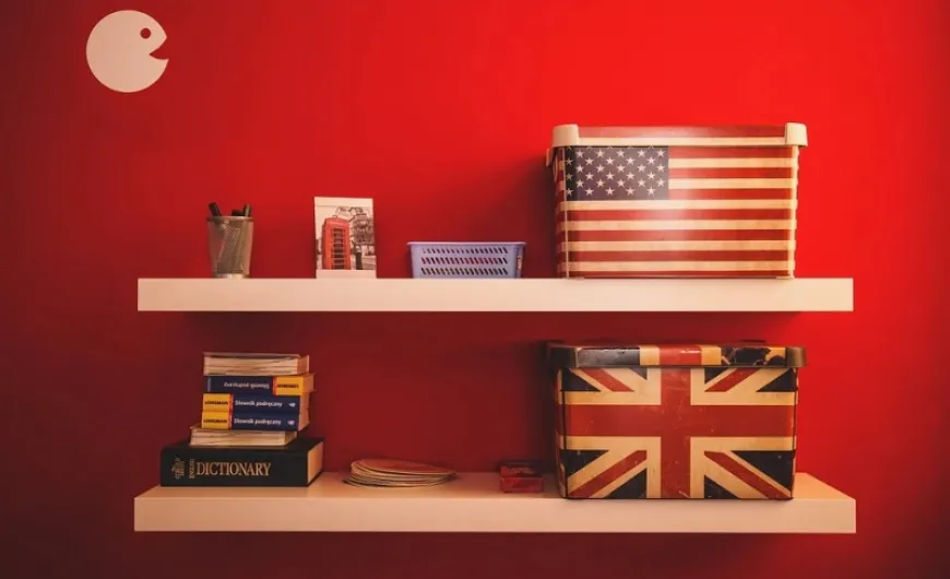english american ράφια βιβλία κουτιά κόκκινο μολύβια κάρτα