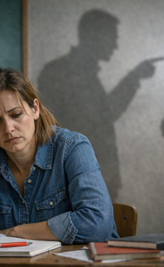 Θλιμμένη δασκάλα σε τάξη και πίσω σκιές ανθρώπων