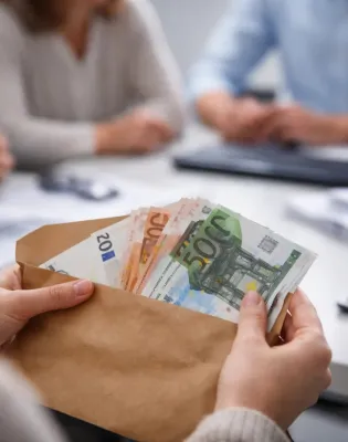 Κοντινό πλάνο σε χέρια που κρατούν έναν καφέ φάκελο με χαρτονομίσματα των 20, 50 και 100 ευρώ, κατά τη διάρκεια επαγγελματικής συνάντησης σε γραφείο.