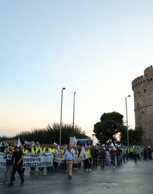 Πορεία με πανώ δίπλα από τον Λευκό Πύργο στη Θεσσαλονίκη