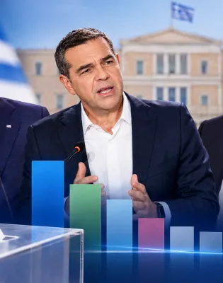Γραφικό με Βουλή Μητσοτάκη, Ανδρουλάκη, Τσίπρα και γράφημα δημοσκόπησης