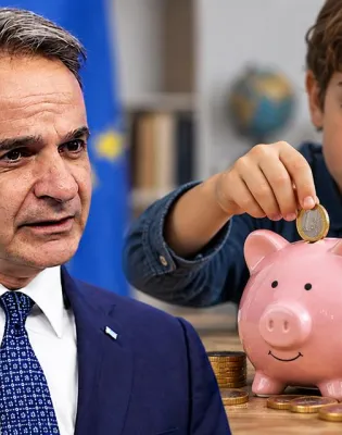 Ο Κυριάκος Μητσοτάκης και δίπλα παιδί που βάζει χρήματα σε κουμπαρά