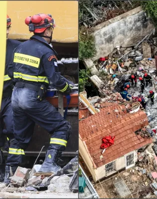 Πυροσβέστες της ΕΜΑΚ αναζητούν αγνοούμενους στα συντρίμμια κτιρίου μετά την έκρηξη στην Αθήνα