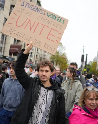 Protesters take part in a demonstration against rising living costs in Paris, Saturday, Oct. 24, 2026. (AP PhotoThibault Camus)