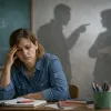 Θλιμμένη δασκάλα σε τάξη και πίσω σκιές ανθρώπων