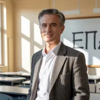 καθηγητής ΕΠΑΛ στέκεται σε μέσα σε σχολική τάξη