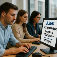 Γραπτός Διαγωνισμός του ΑΣΕΠ. Υποψήφιοι γράφουν σε υπολογιστή που δείχνει το ΑΣΕΠ και γράφει 145 προσλήψεις Υπουργείο Εξωτερικών 2Γ/2025