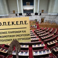 Λογότυπο ΟΠΕΚΕΠΕ και πίσω το Κοινοβούλιο της Ελλάδας