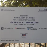 Λογότυπο τραπεζών για το πρόγραμμα Μαριέττα Γιαννάκου σε πινακίδα έξω από σχολείο
