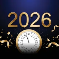 Εικόνα με το 2026 σε χρυσά γράμματα και από κάτω ρολόι με δείκτες