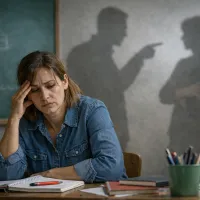 Θλιμμένη δασκάλα σε τάξη και πίσω σκιές ανθρώπων