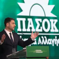 Ο Νίκος Ανδρουλάκης μιλάει και πίσω φαίνεται λογότυπο του ΠΑΣΟΚ