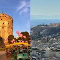 Κολάζ με τον Λευκό Πύργο στη Θεσσαλονίκη και την Ακρόπολη στην Αθήνα