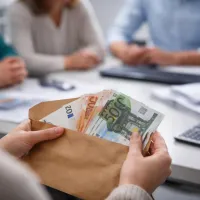 Κοντινό πλάνο σε χέρια που κρατούν έναν καφέ φάκελο με χαρτονομίσματα των 20, 50 και 100 ευρώ, κατά τη διάρκεια επαγγελματικής συνάντησης σε γραφείο.