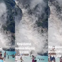 Viral η κατολίσθηση στον Μύρτο της Κεφαλονιάς δίπλα από λουόμενους