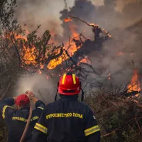 Πυροσβέστες την ώρα που προσπαθούν να σβήσουν φωτιά με μάνικα