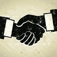 Σκίτσο με χειραψία δύο αντρών που φοράνε κουστούμι 