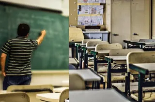Αίθουσα σχολείου και εκπαιδευτικός γράφει στον πίνακα