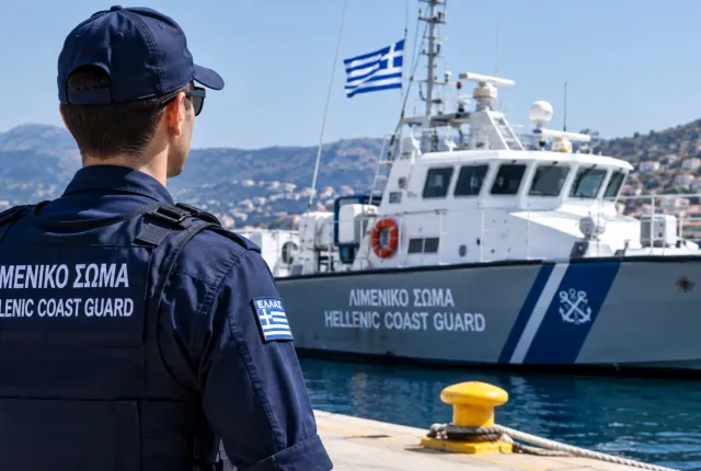 Στέλεχος του Λιμενικού κοιτάζει βάρκα του ΛΣ-ΕΛΑΚΤ