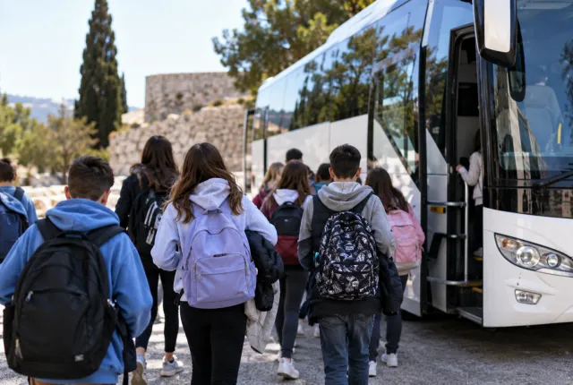 Μαθητές μπαίνουν σε λεωφορείο για να πάνε σχολική εκδρομή