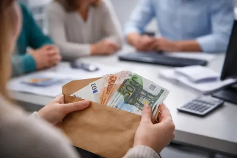 Κοντινό πλάνο σε χέρια που κρατούν έναν καφέ φάκελο με χαρτονομίσματα των 20, 50 και 100 ευρώ, κατά τη διάρκεια επαγγελματικής συνάντησης σε γραφείο.