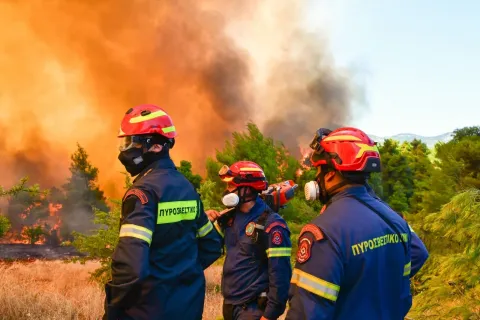 Πυροσβέστες δίπλα σε ενεργό μέτωπο φωτιάς