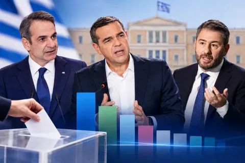Γραφικό με Βουλή Μητσοτάκη, Ανδρουλάκη, Τσίπρα και γράφημα δημοσκόπησης