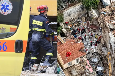 Πυροσβέστες της ΕΜΑΚ αναζητούν αγνοούμενους στα συντρίμμια κτιρίου μετά την έκρηξη στην Αθήνα